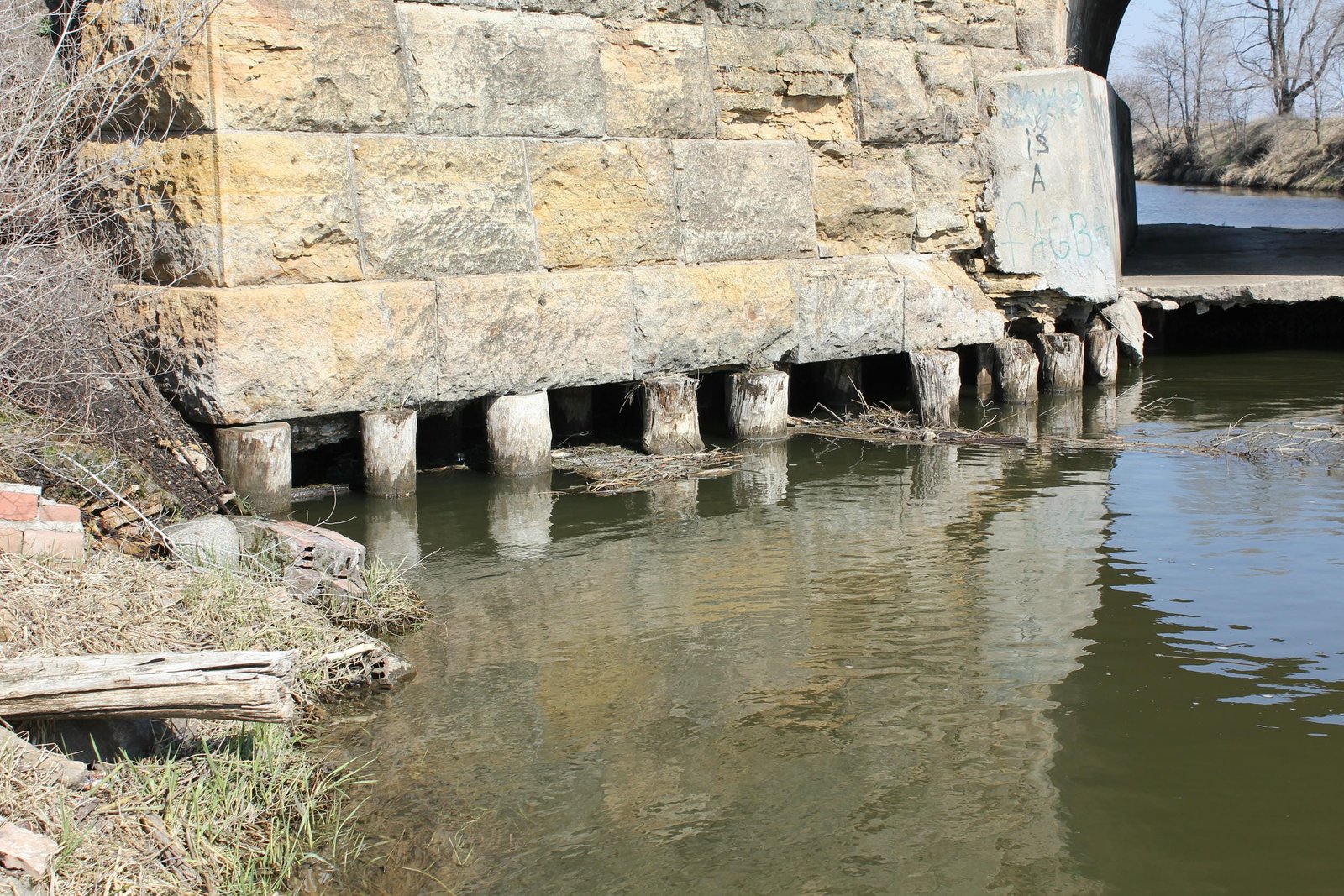 Exposed pilings at west abutment